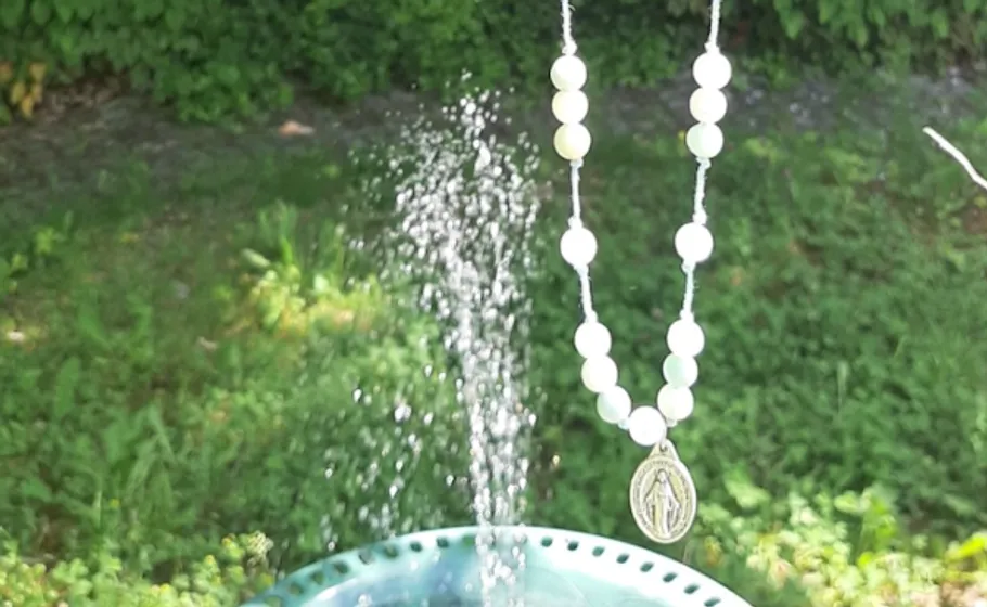 Rosenkranz hängt über einem Gartenbrunnen.