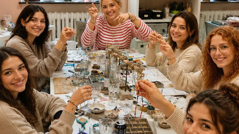 Six women making jewelry at a table.