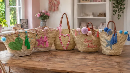 Decorative straw bags on a wooden table.