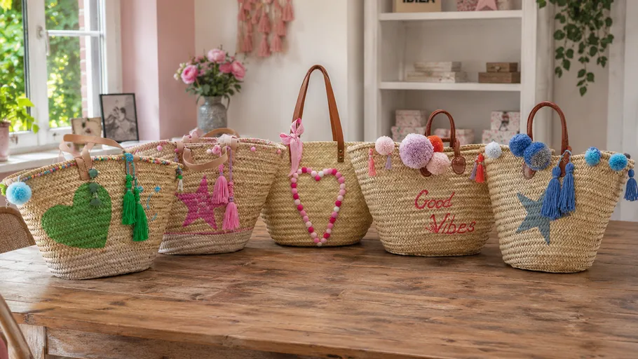 Decorative straw bags on a wooden table.