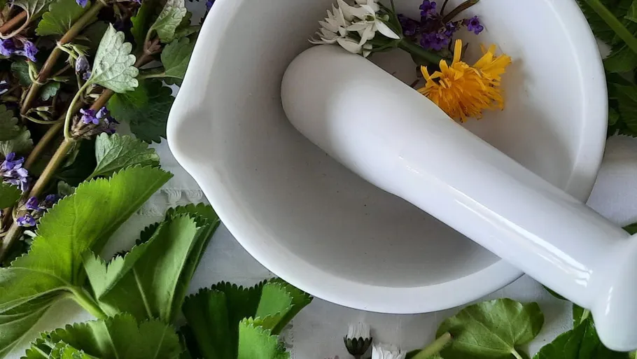 Mortar and pestle with flowers and leaves.