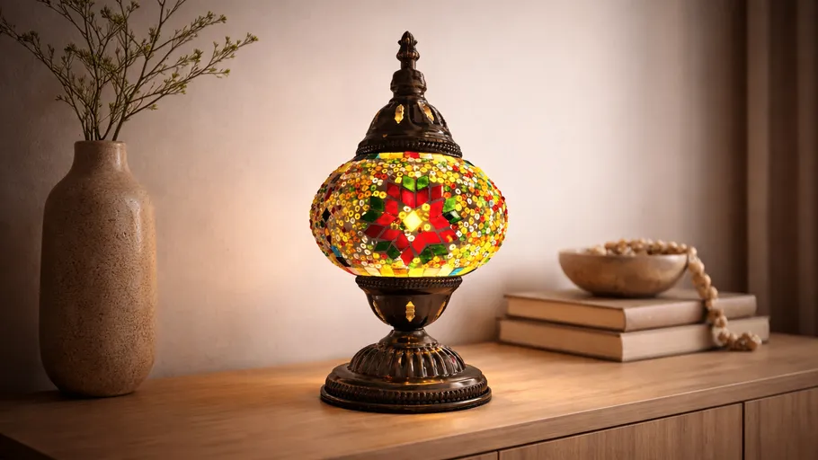 Mosaiklampe leuchtet auf Holztisch.
