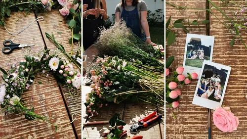 Blumenkranzherstellung mit Blumen und Fotos.