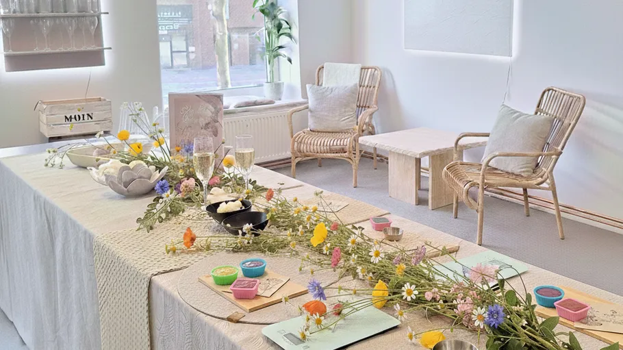Table with flowers, tea, and crafts in room.