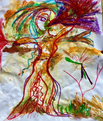 Abstract painting with vibrant colors and shapes.