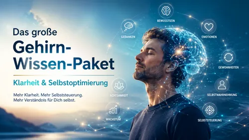 Man with glowing brain surrounded by concepts.