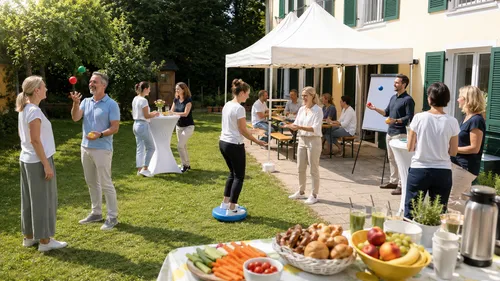 Gruppe von Menschen jongliert bei Gartenveranstaltung.