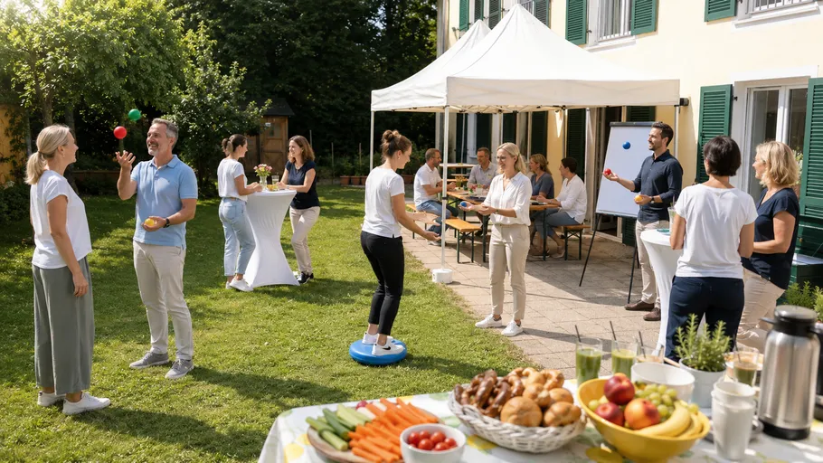 Gruppe von Menschen jongliert bei Gartenveranstaltung.