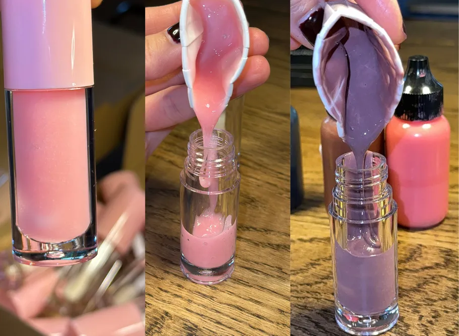 Lip gloss bottle filled with pink substance.