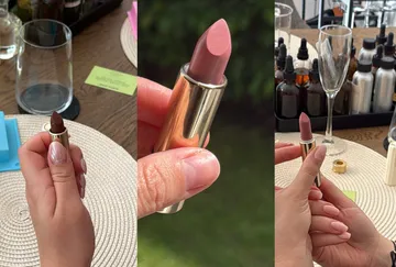 Hände halten Lippenstift in verschiedenen Umgebungen.