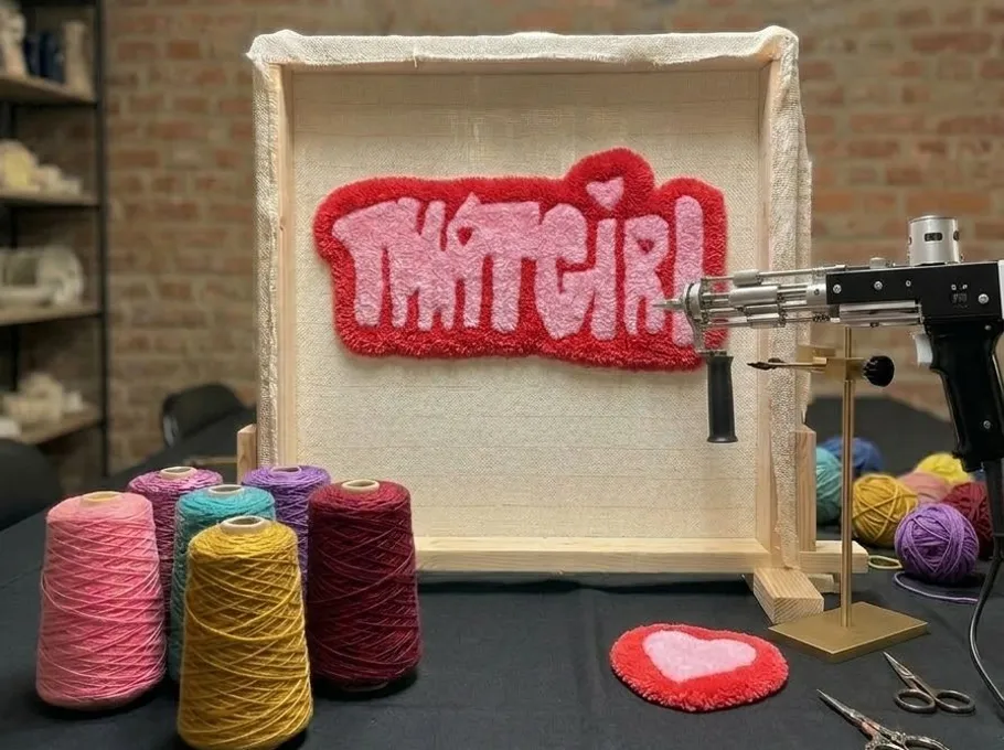 Tufted artwork displays 'THAT GIRL' with yarn supplies.