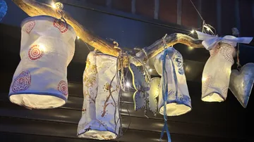 Decorative lanterns hanging from a branch.