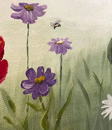 Lila Blumen und Biene auf Leinwand gemalt.