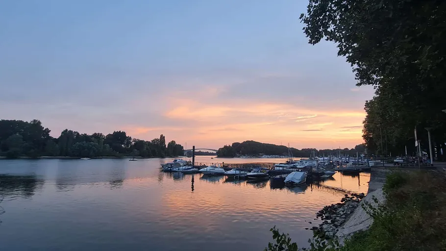 Boats docked at sunset in a marina.