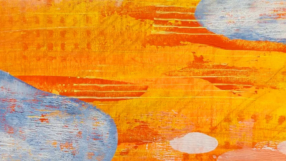 Abstract painting with orange and blue shapes.