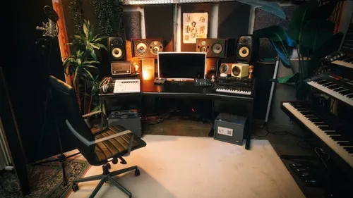 Home studio with desk, chair, and audio equipment.