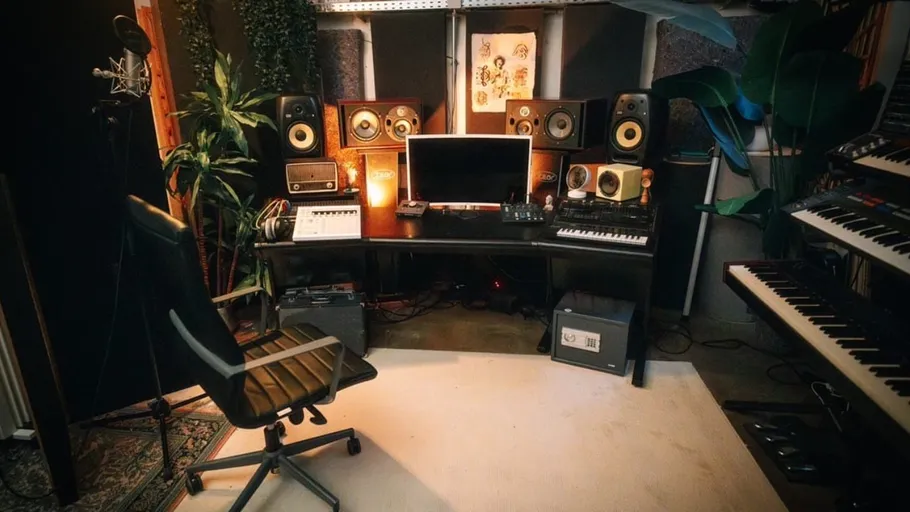 Home studio with desk, chair, and audio equipment.