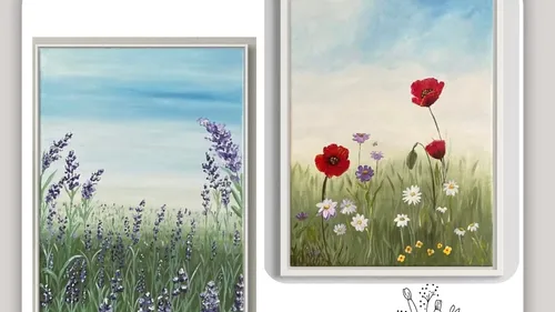 Two floral paintings: lavender and poppies.