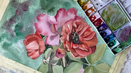 Watercolor painting of flowers with a beetle.