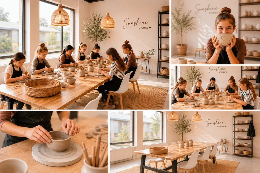 Children crafting pottery in a bright studio.