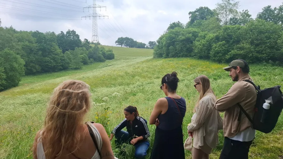 Gruppe beobachtet Frau auf einer Wiese.