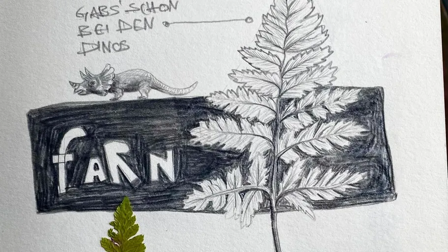 Zeichnung eines Farns mit Dinosaurier und Text.