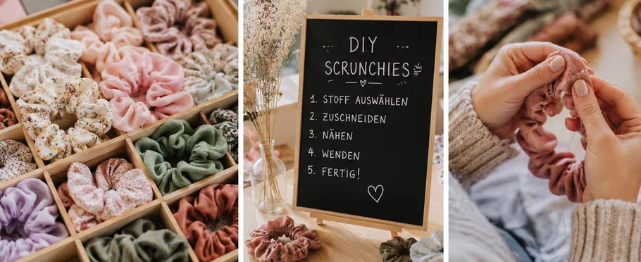 Scrunchies dargestellt, DIY-Anleitung, Hände basteln.