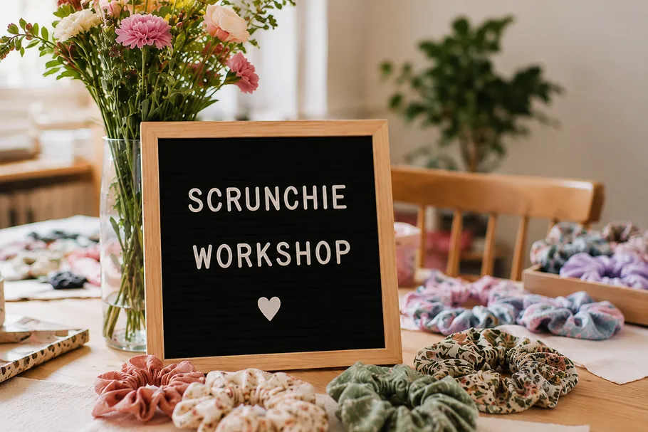 Sign displays 'Scrunchie Workshop', flowers on table.