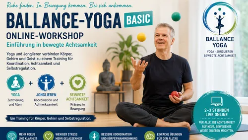 Mann jongliert Bälle beim Online-Yoga-Workshop.