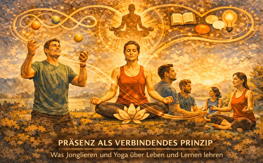 People juggling and meditating outdoors, connected by energy.