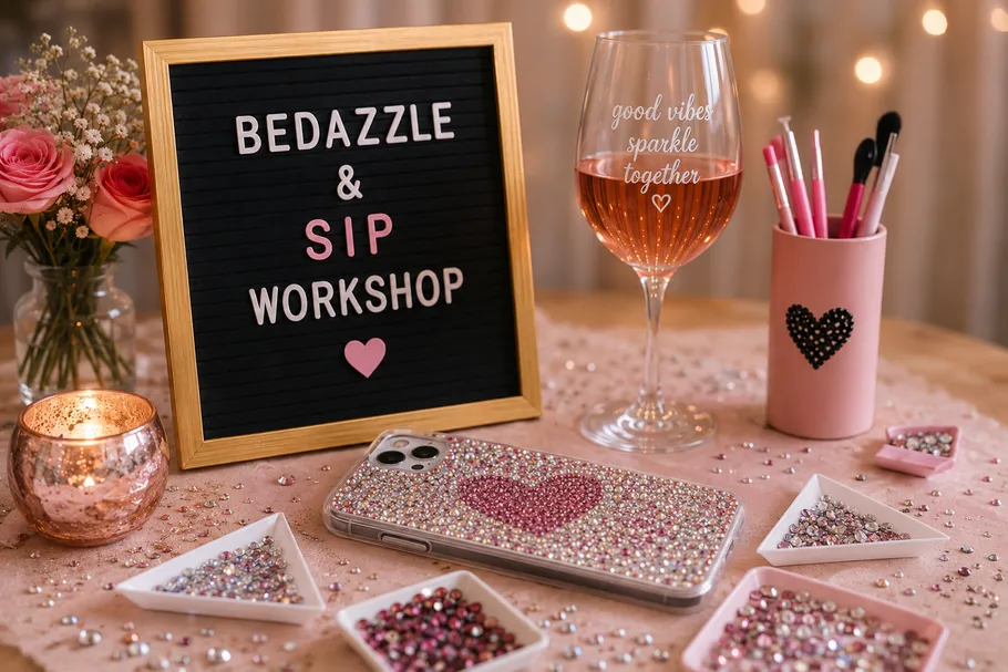 Dekoratives Workshop-Setup mit Wein und Strasssteinen.