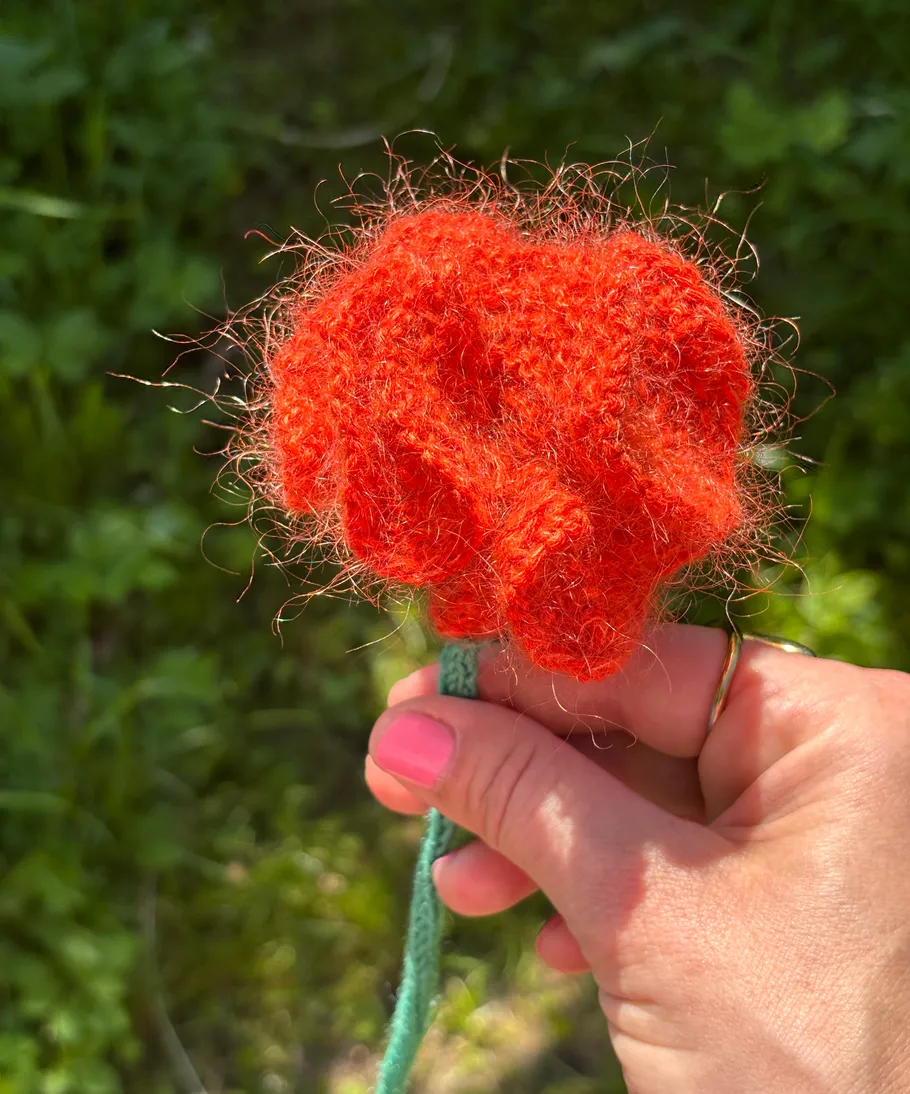 Hand holds fuzzy orange flower outdoors.