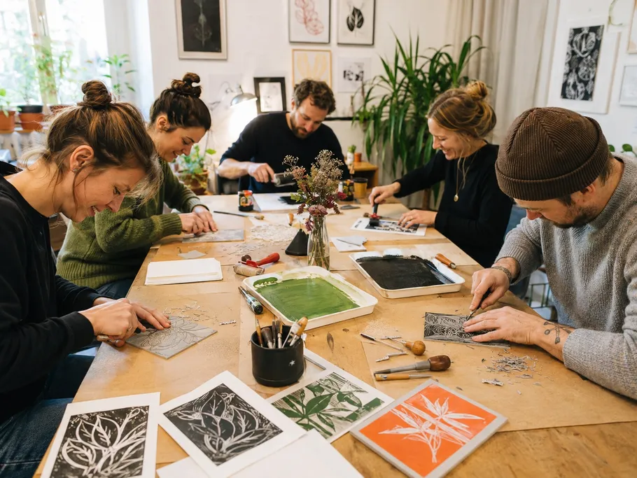 People carving linocuts on wooden table in studio.