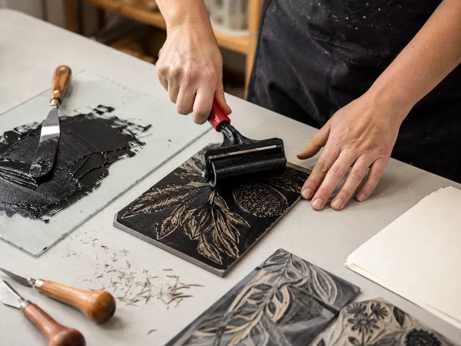 Hands ink rolling on carved linoleum for printing.