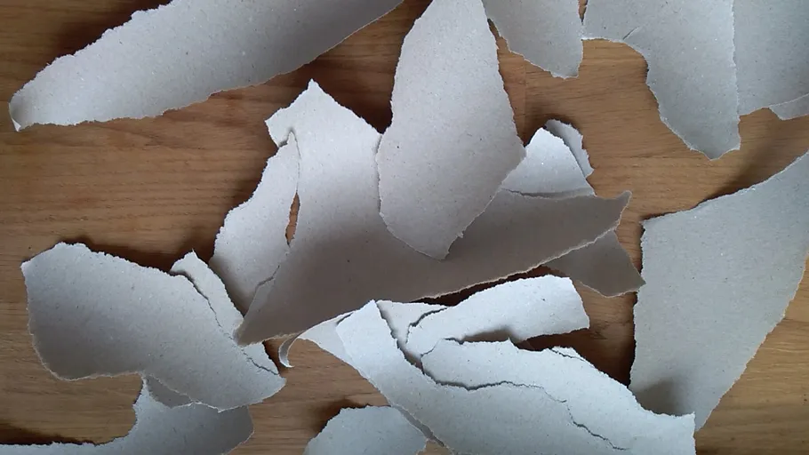 Zerrissene Papierstücke auf Holzoberfläche verstreut.