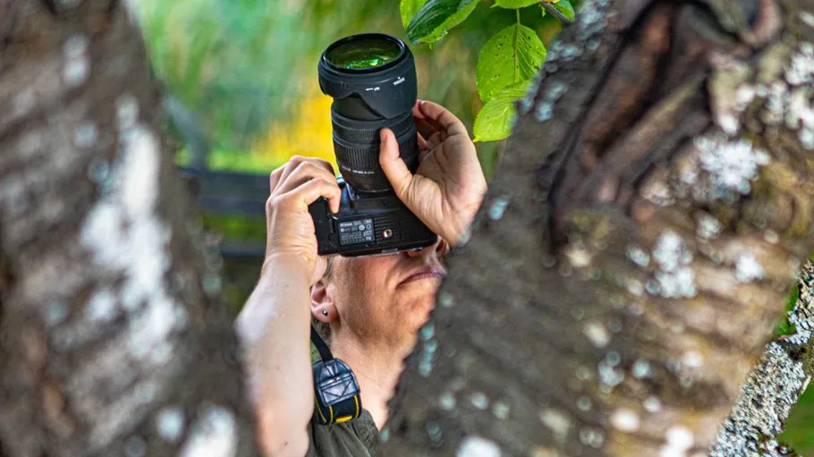 Fotograf mit Kamera, von Baumzweigen umgeben.