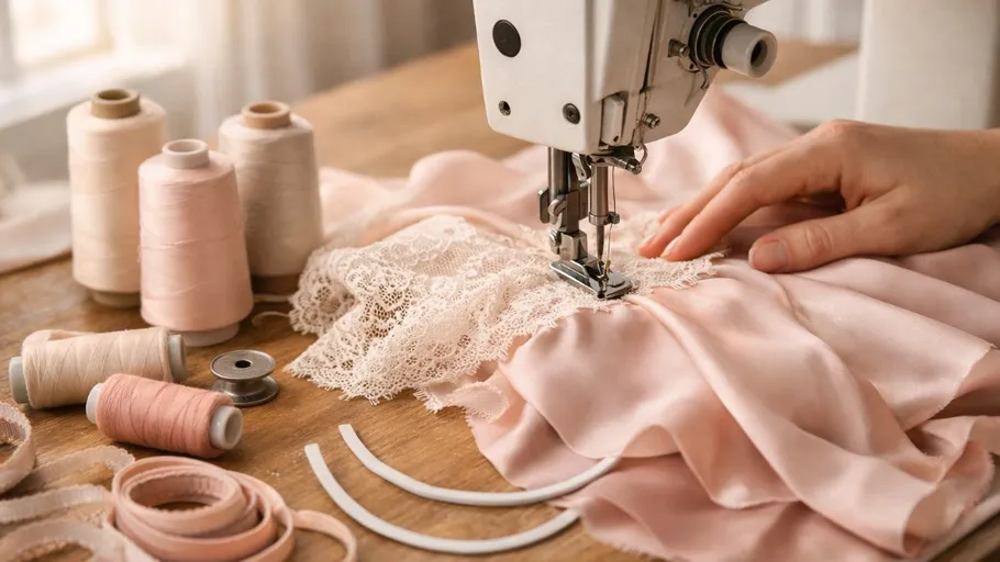 Sewing machine stitching pink fabric with lace.