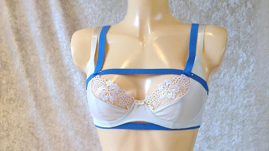 Mannequin wearing a blue and white bra.