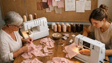 Two women sew lingerie at a table.