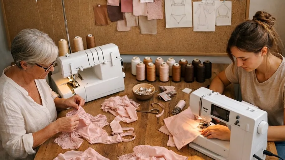 Two women sewing lingerie at a table.