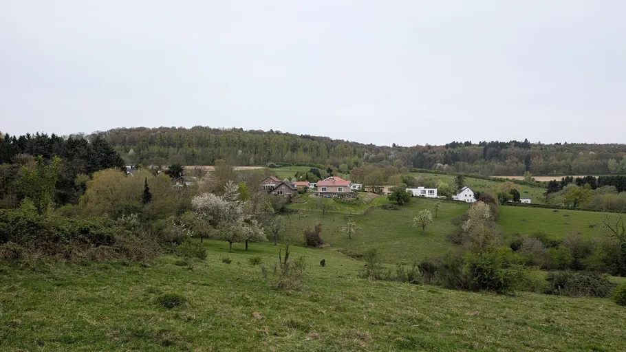 Houses on hillside surrounded by green fields.