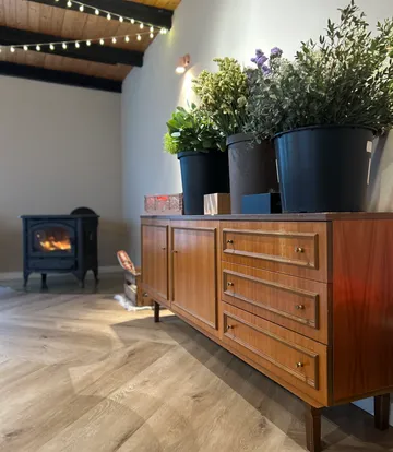 Plants on wooden cabinet near lit stove.
