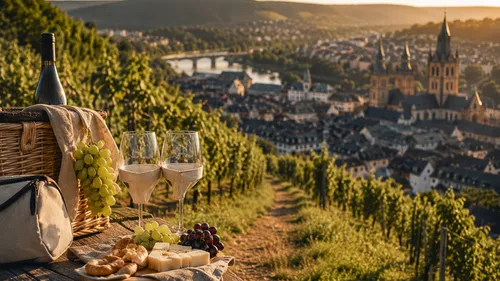 Picknick mit Wein überblickt malerische Weinbergstadt.