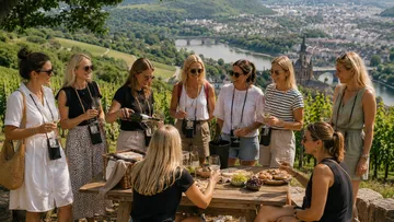 Gruppe Frauen genießt Wein in Weinbergumgebung.