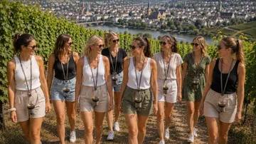 Frauen wandern durch Weinberg mit Stadtblick.