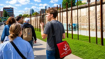 Touristen gehen im Berliner Mauerpark spazieren.