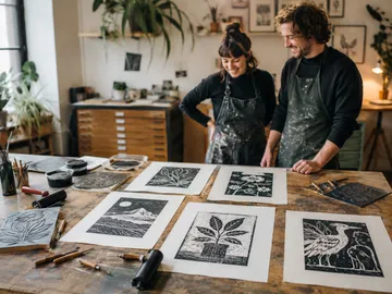 Künstler bewundern Drucke in kreativem Studio.