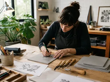 Woman drawing at wooden table in studio.