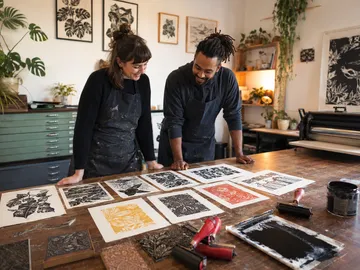 Two artists admire prints on studio table.