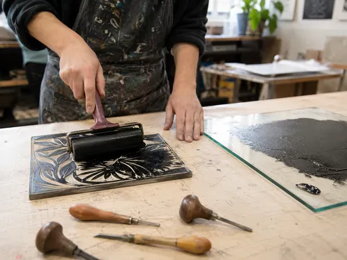 Person rolling ink on carved linoleum block.